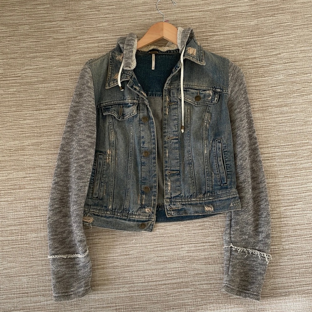 Free People Distressed Denim Jacket Hoodie
